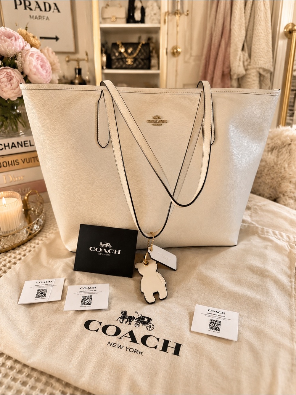 Coach Cream Pebble Leather Tote with Charm